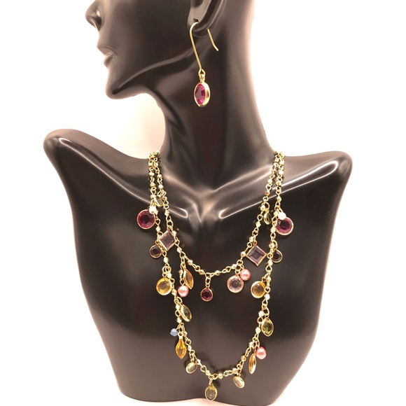 Elegant Gold-Tone and Multicolor Charm Dangles Necklace and Earring Set - Picture 2 of 8